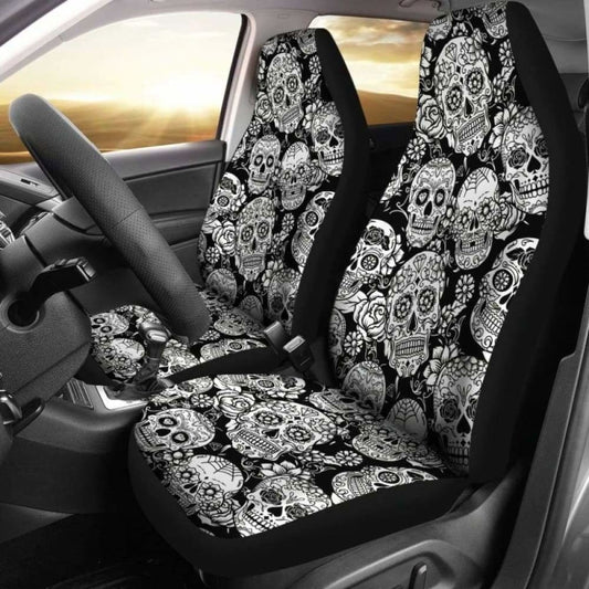 Set 2 Pcs Floral Sugar Skull Day Of The Dead Skull Car Seat Covers 101207