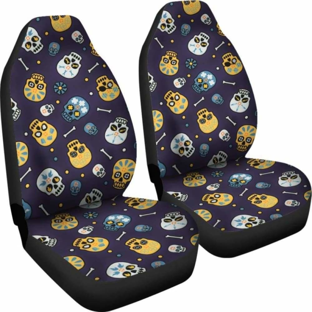 Set 2 Pcs Floral Sugar Skull Day Of The Dead Skull Car Seat Covers 101207