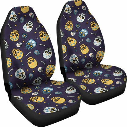 Set 2 Pcs Floral Sugar Skull Day Of The Dead Skull Car Seat Covers 101207