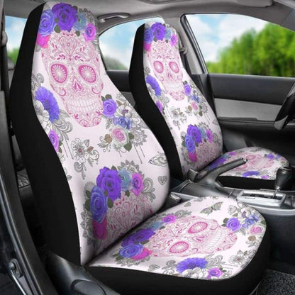 Set 2 Pcs Floral Sugar Skull Day Of The Dead Skull Car Seat Covers 101207