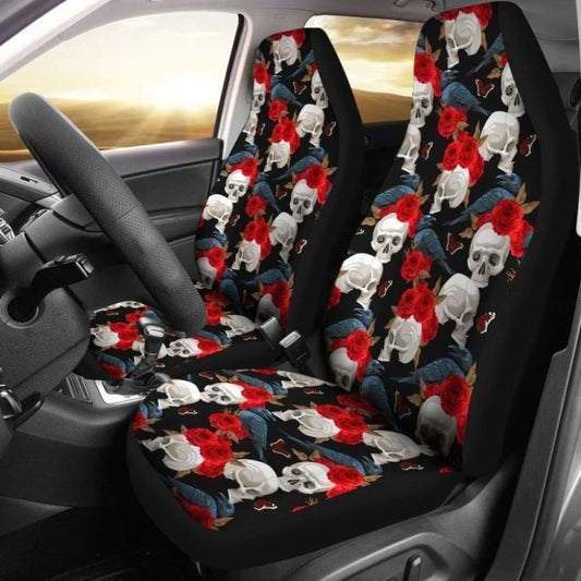 Set 2 Pcs Floral Sugar Skull Day Of The Dead Skull Car Seat Covers 101207