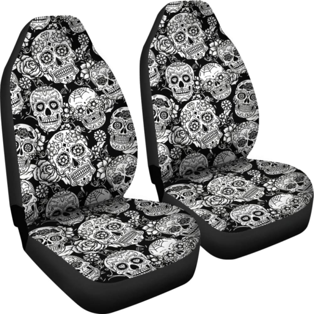 Set 2 Pcs Floral Sugar Skull Day Of The Dead Skull Car Seat Covers 101207