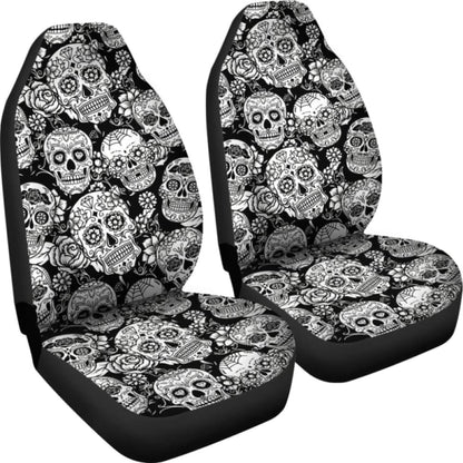 Set 2 Pcs Floral Sugar Skull Day Of The Dead Skull Car Seat Covers 101207