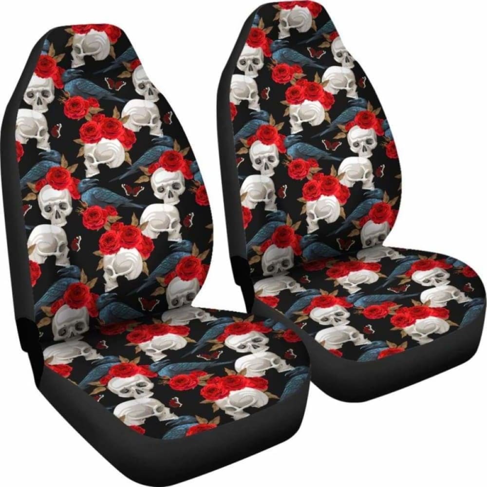 Set 2 Pcs Floral Sugar Skull Day Of The Dead Skull Car Seat Covers 101207