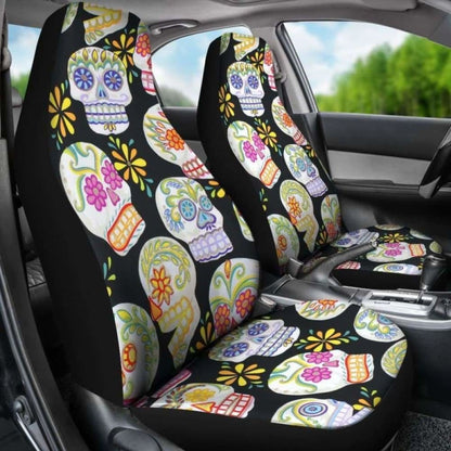 Set 2 Pcs Floral Sugar Skull Day Of The Dead Skull Car Seat Covers 101207