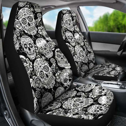 Set 2 Pcs Floral Sugar Skull Day Of The Dead Skull Car Seat Covers 101207
