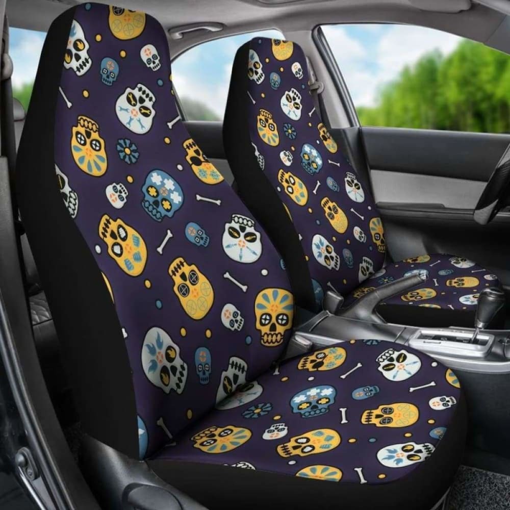 Set 2 Pcs Floral Sugar Skull Day Of The Dead Skull Car Seat Covers 101207