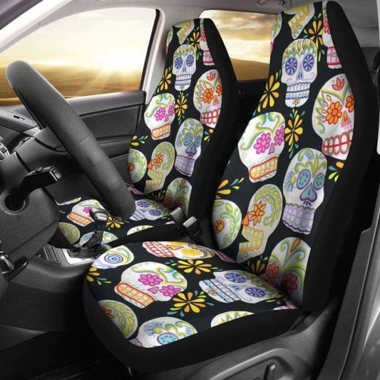 Set 2 Pcs Floral Sugar Skull Day Of The Dead Skull Car Seat Covers 101207