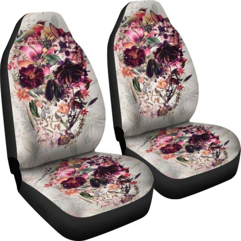 Set 2 Pcs Floral Sugar Skull Day Of The Dead Skull Car Seat Covers 101207