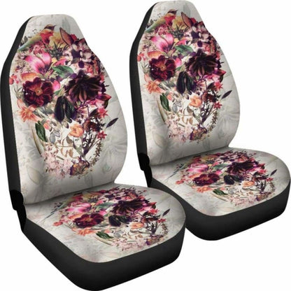 Set 2 Pcs Floral Sugar Skull Day Of The Dead Skull Car Seat Covers 101207
