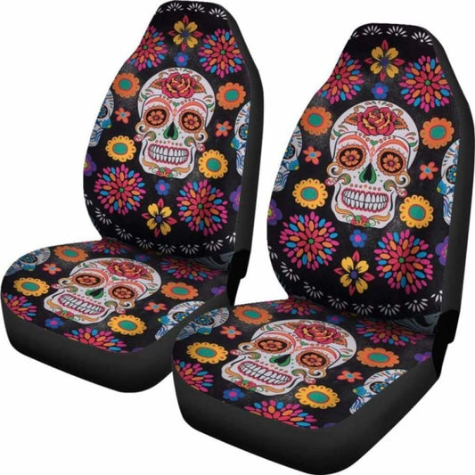 Set 2 Pcs Floral Sugar Skull Day Of The Dead Skull Car Seat Covers 101207