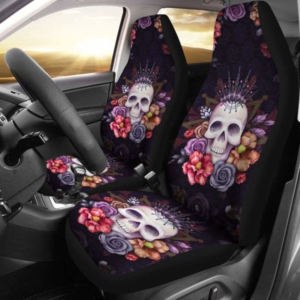 Set 2 Pcs Gothic Floral Skull Car Seat Covers 153908 - YourCarButBetter