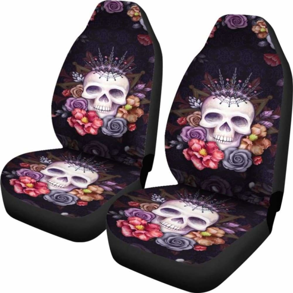 Set 2 Pcs Gothic Floral Skull Car Seat Covers 153908 - YourCarButBetter