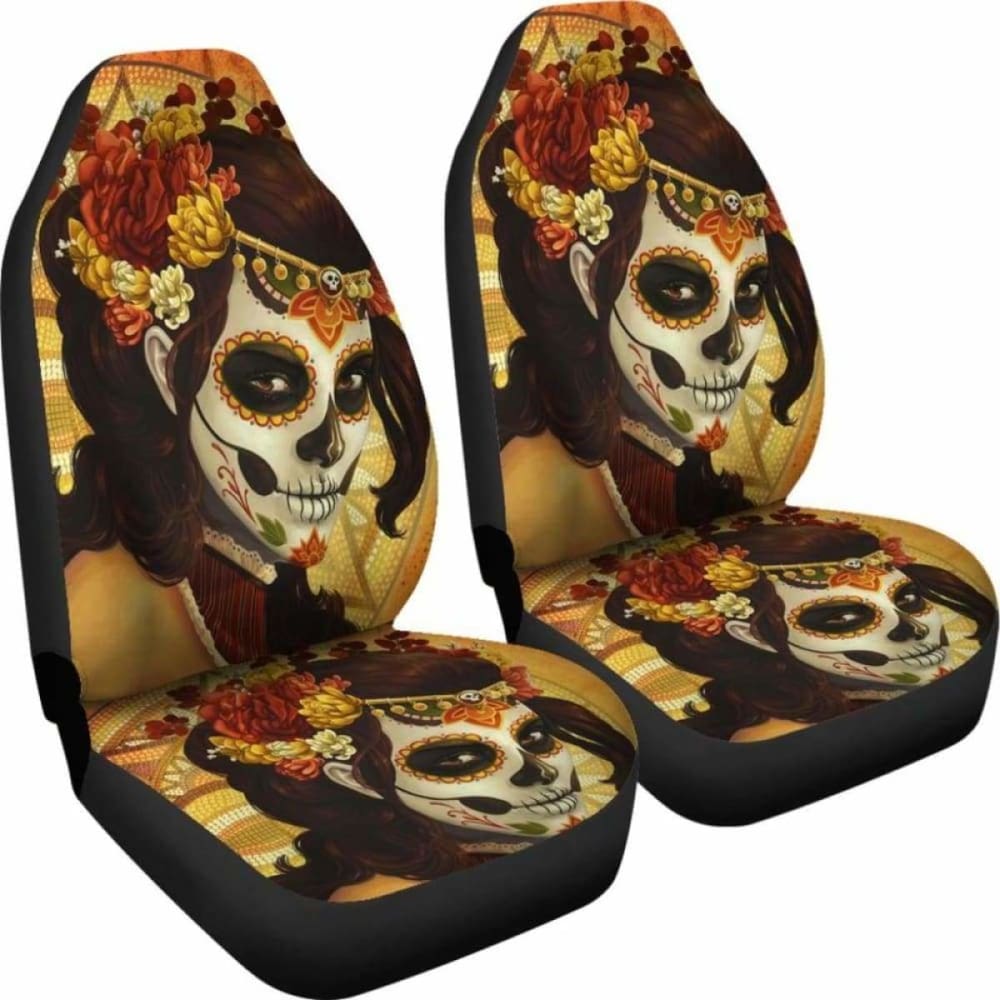 Set 2 Pcs Sugar Skull Day Of The Dead Car Seat Covers 101207