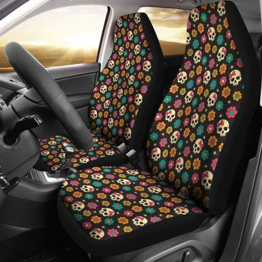 Set 2 Pcs Sugar Skull Day Of The Dead Skull Car Seat Covers 101207