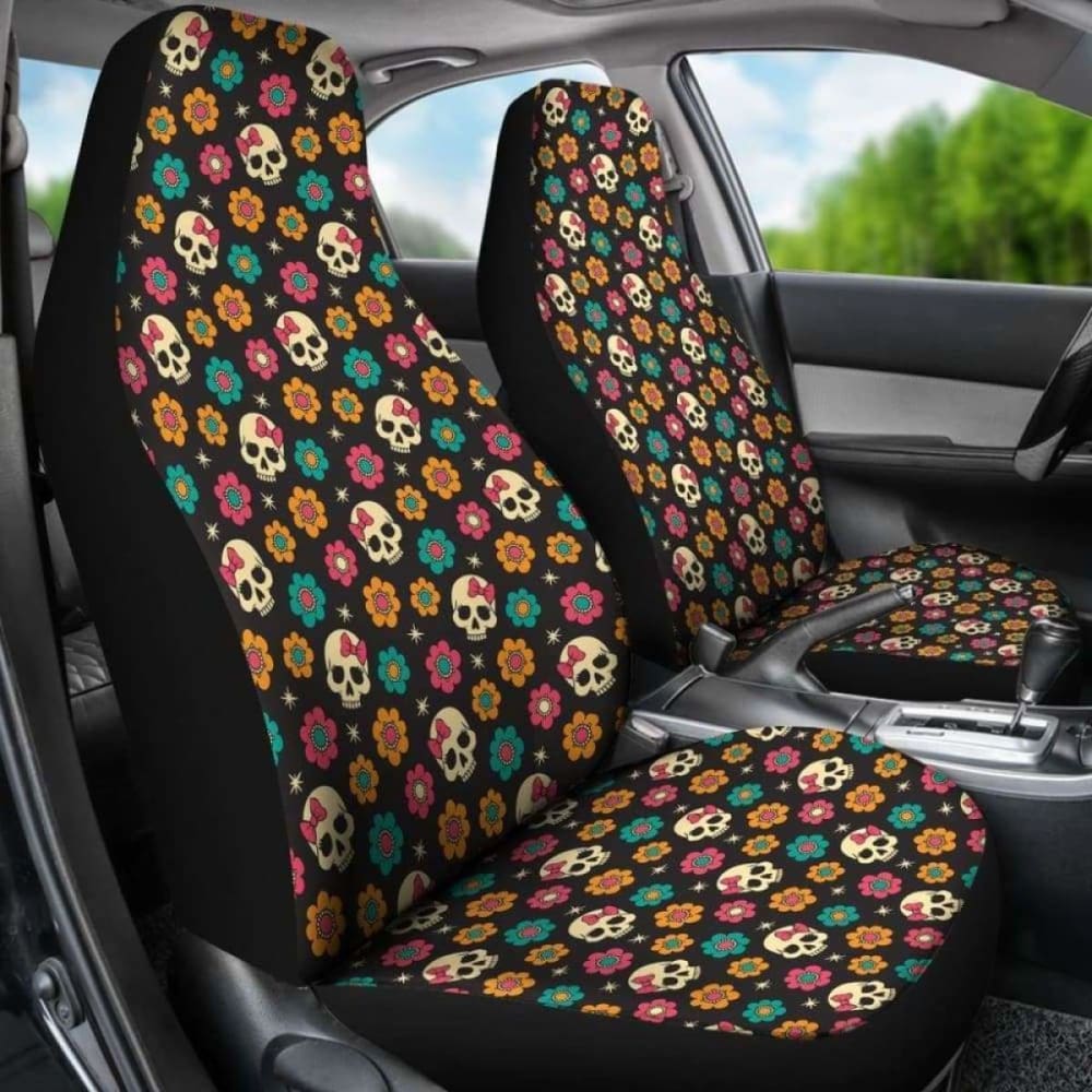 Set 2 Pcs Sugar Skull Day Of The Dead Skull Car Seat Covers 101207