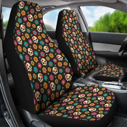 Set 2 Pcs Sugar Skull Day Of The Dead Skull Car Seat Covers 101207