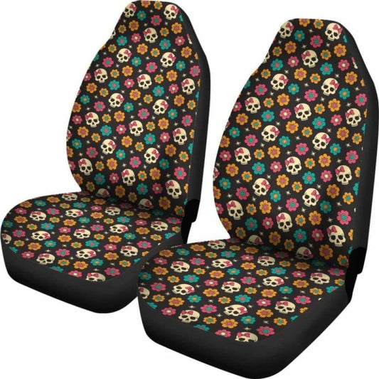 Set 2 Pcs Sugar Skull Day Of The Dead Skull Car Seat Covers 101207