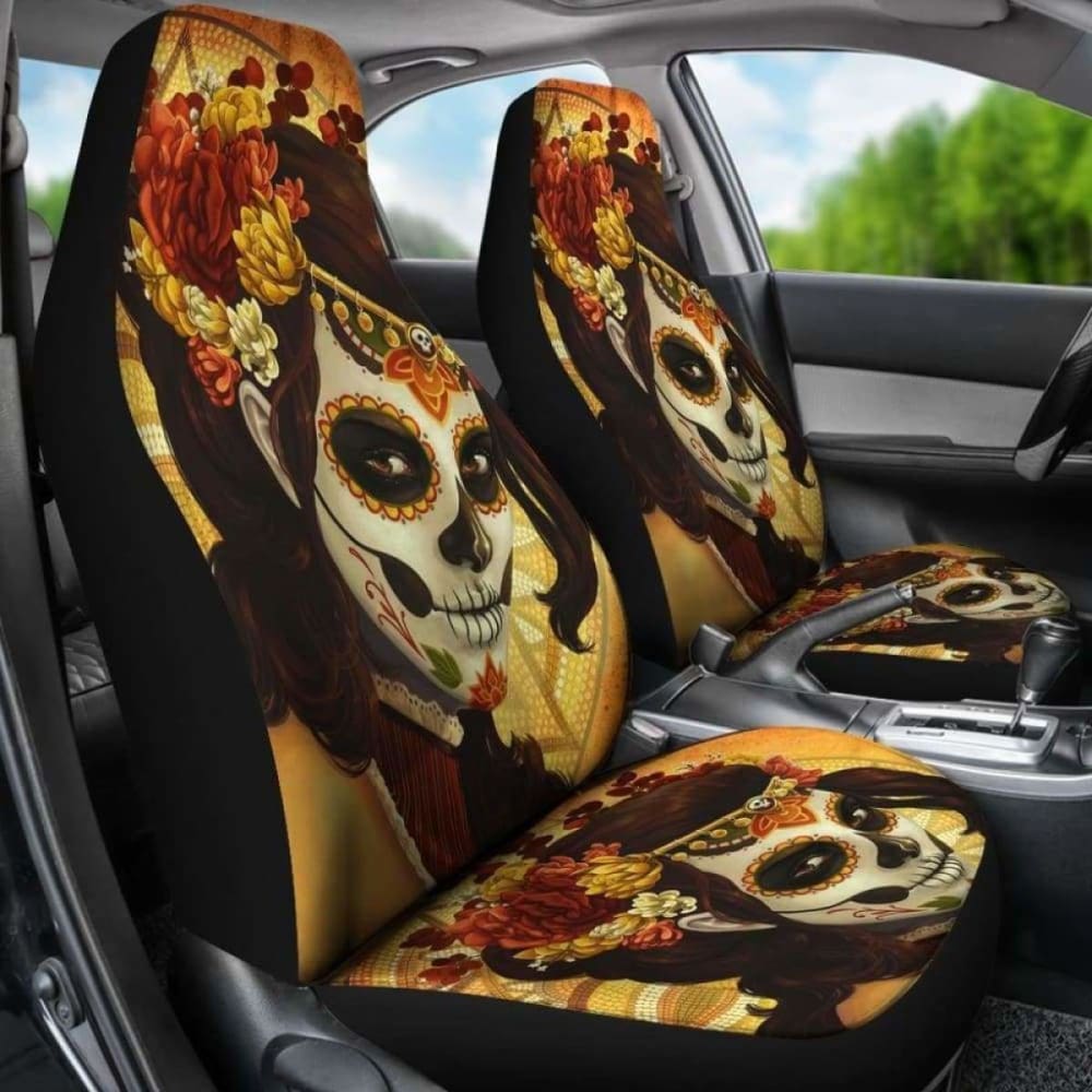 Set 2 Pcs Sugar Skull Day Of The Dead Car Seat Covers 101207