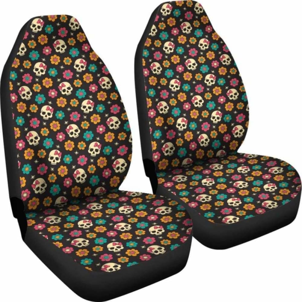 Set 2 Pcs Sugar Skull Day Of The Dead Skull Car Seat Covers 101207
