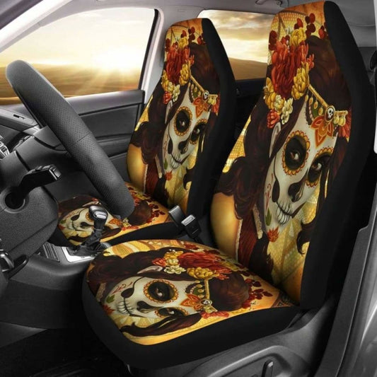 Set 2 Pcs Sugar Skull Day Of The Dead Car Seat Covers 101207