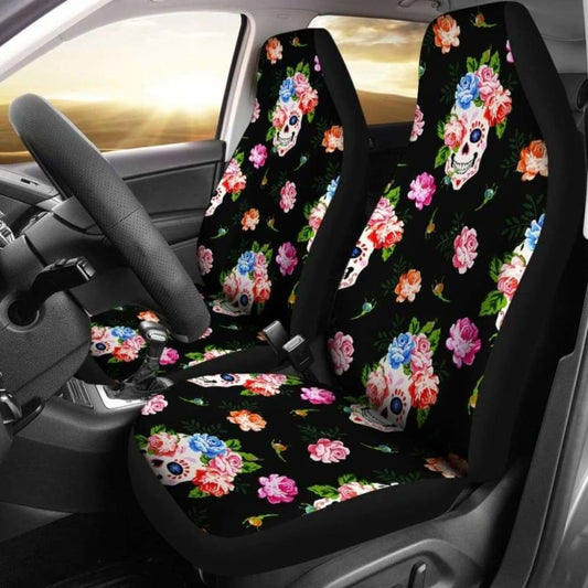 Set 2 Seat Cover Flower Skull Gothic Car Seat Covers 101207