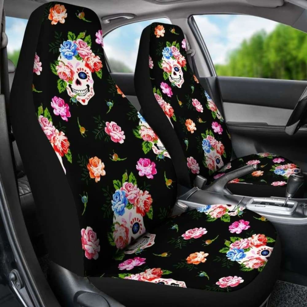 Set 2 Seat Cover Flower Skull Gothic Car Seat Covers 172727