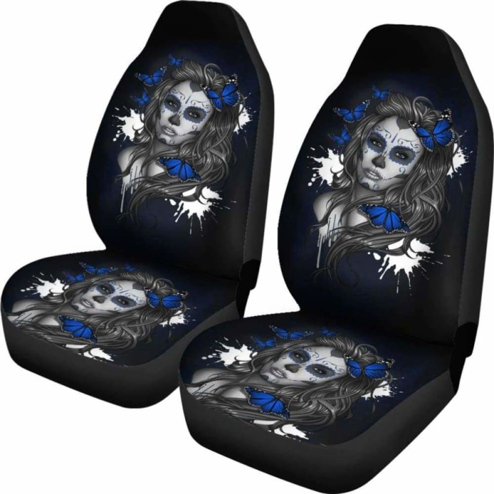 Set 2 Seat Cover Sugar Skulls Beautiful Girl Car Seat Cover 101207