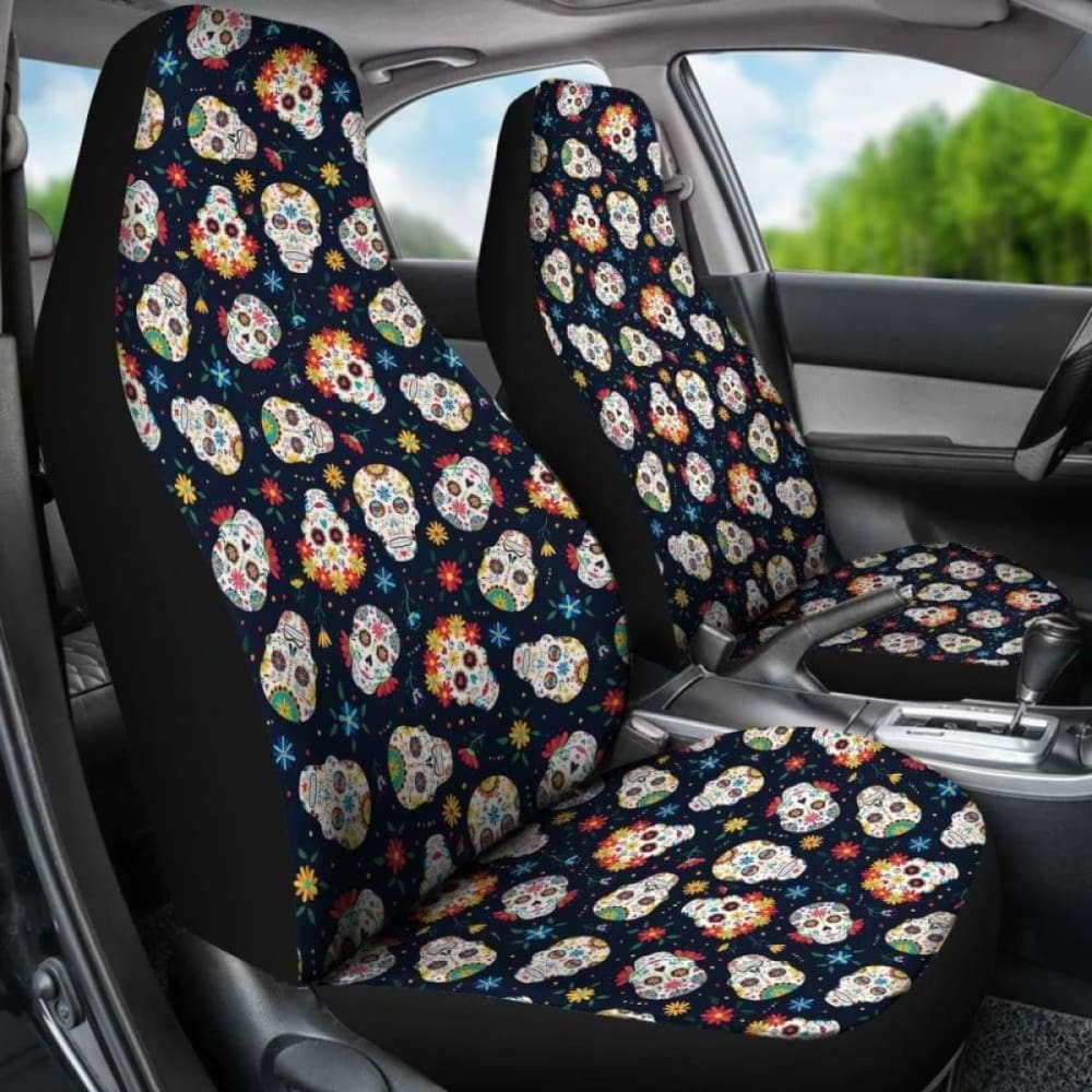 Set 2 Seat Cover Sugar Skulls - Day Of The Dead Car Seat Covers 101207