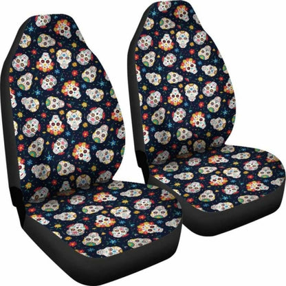 Set 2 Seat Cover Sugar Skulls - Day Of The Dead Car Seat Covers 101207