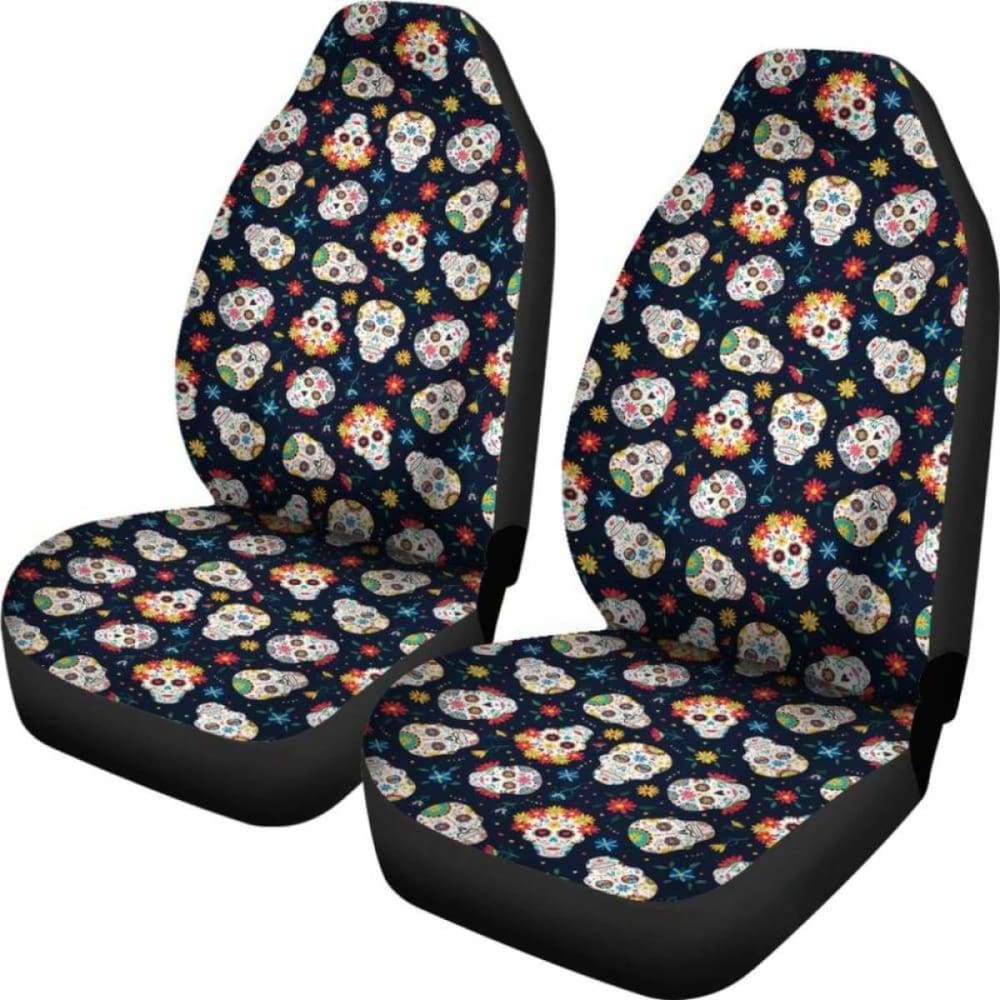 Set 2 Seat Cover Sugar Skulls - Day Of The Dead Car Seat Covers 101207