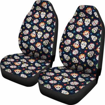 Set 2 Seat Cover Sugar Skulls - Day Of The Dead Car Seat Covers 101207