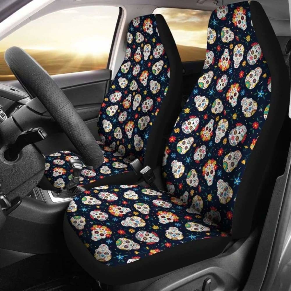 Set 2 Seat Cover Sugar Skulls - Day Of The Dead Car Seat Covers 101207