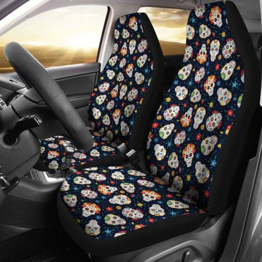 Set 2 Seat Cover Sugar Skulls - Day Of The Dead Car Seat Covers 101207