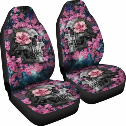 Set Of 2 Beautiful Floral Sugar Skull Car Seat Covers 101207