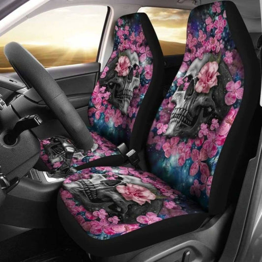 Set Of 2 Beautiful Floral Sugar Skull Car Seat Covers 101207
