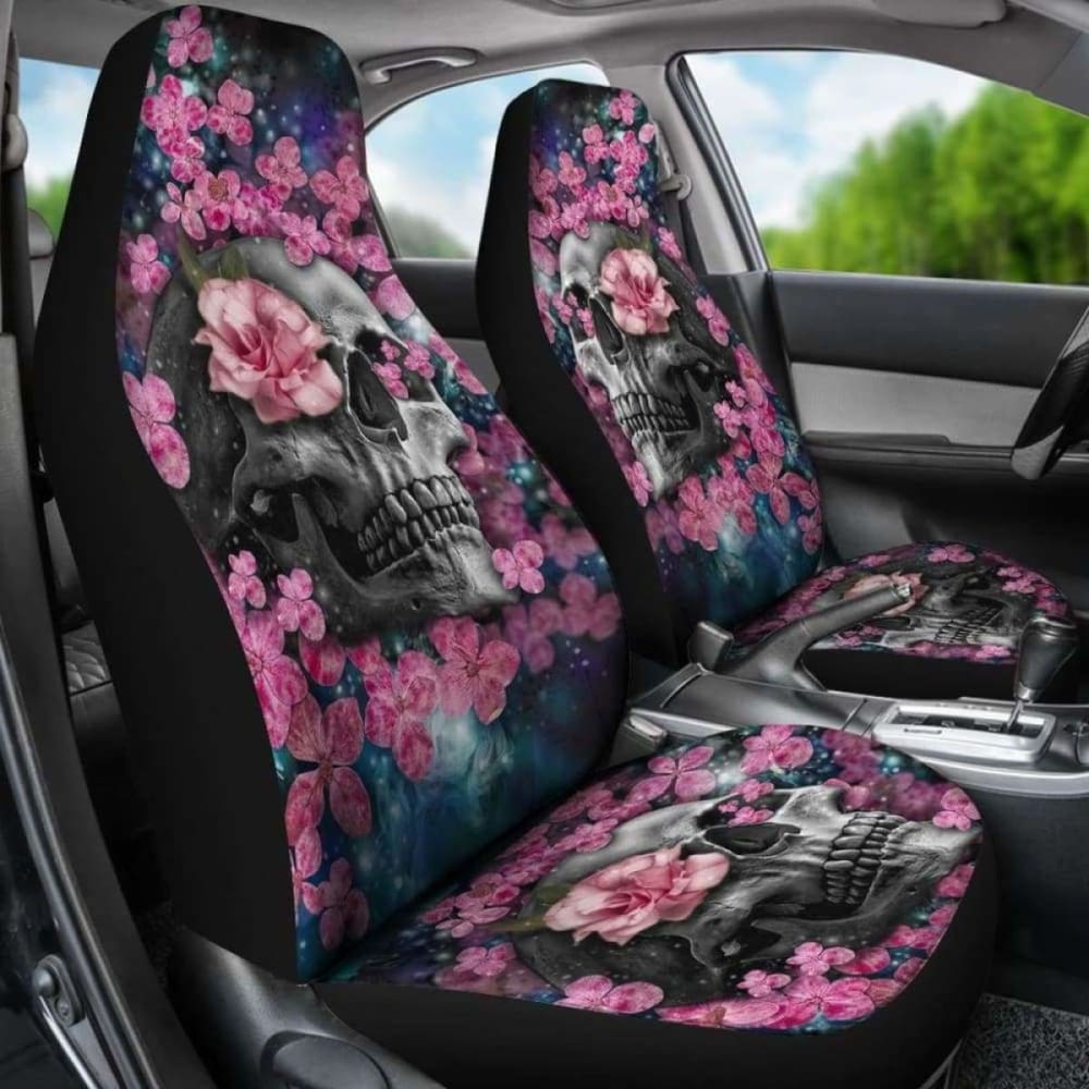 Set Of 2 Beautiful Floral Sugar Skull Car Seat Covers 101207