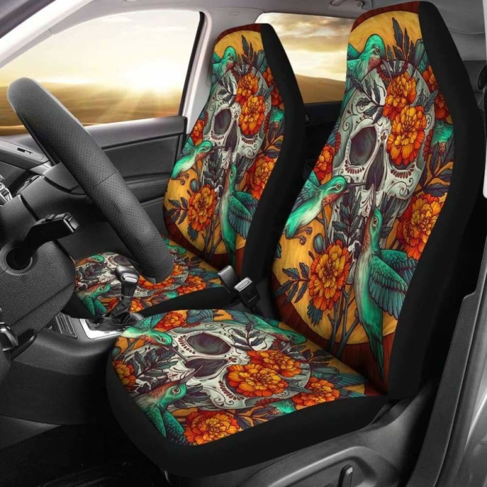 Set Of 2 Beautiful Sugar Skull Car Seat Covers 101207
