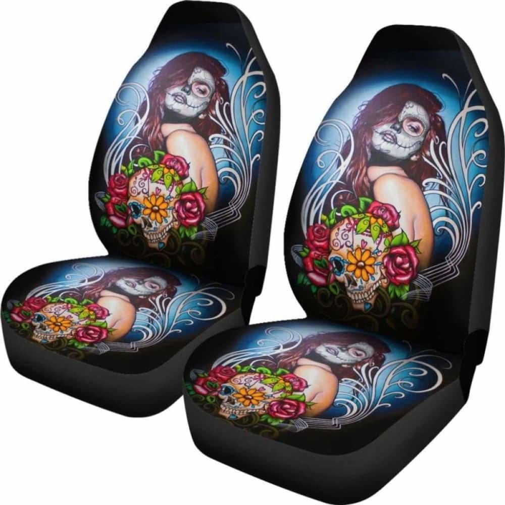 Set Of 2 - Beautiful Sugar Skull Girl - Car Seat Cover 101207
