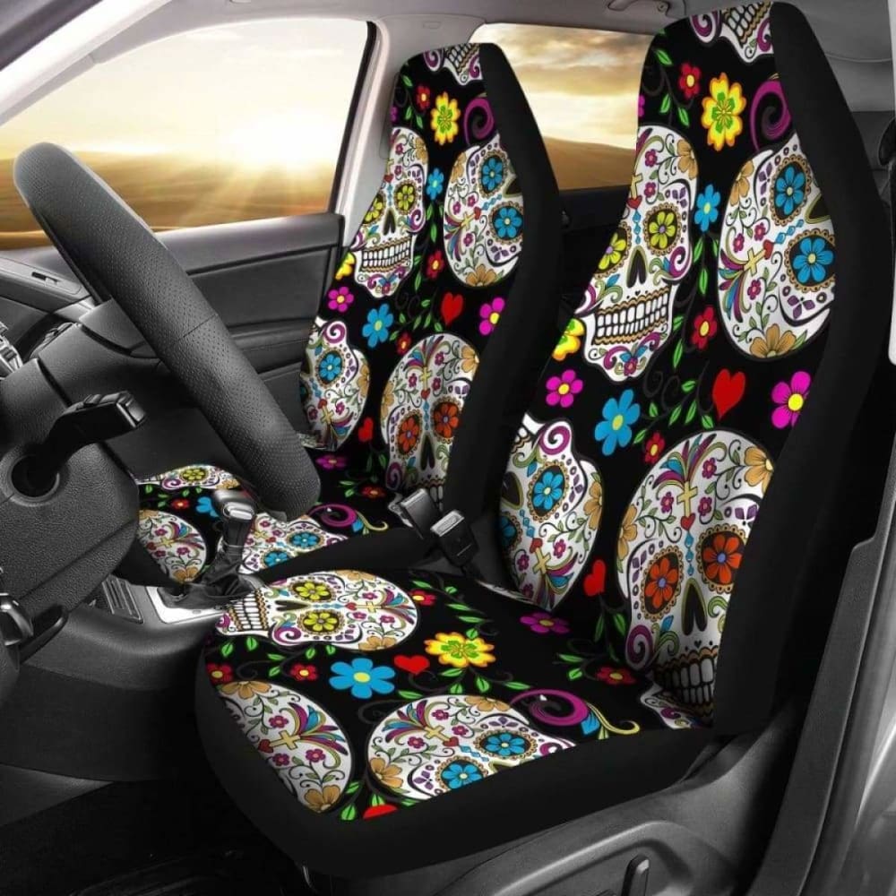 Set Of 2 Beautiful Sugar Skull Seat Covers 101207