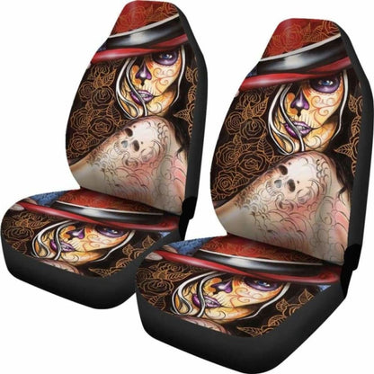 Set Of 2 Beautiful Sugar Skull Seat Covers - Day Of The Dead 101207