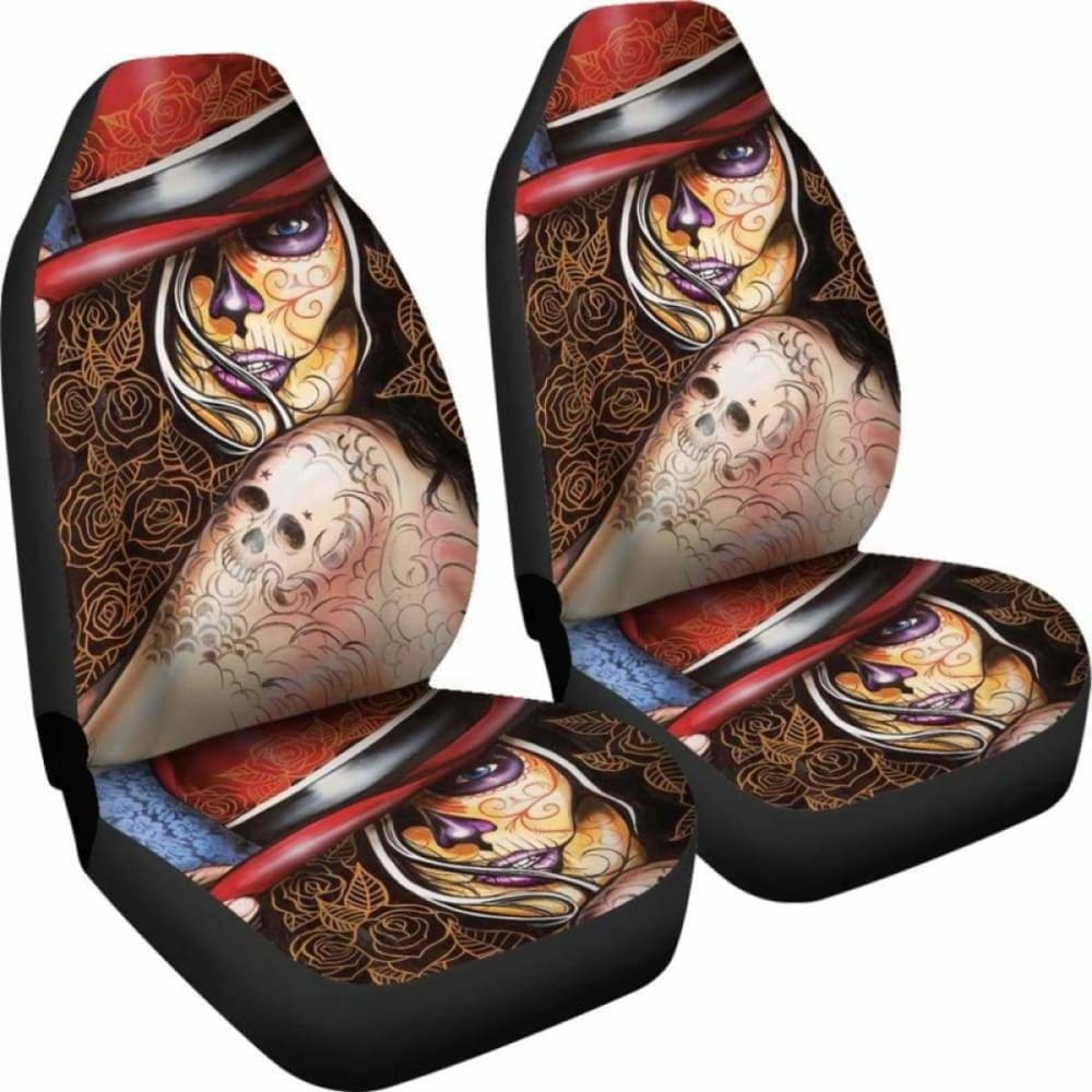 Set Of 2 Beautiful Sugar Skull Seat Covers - Day Of The Dead 101207