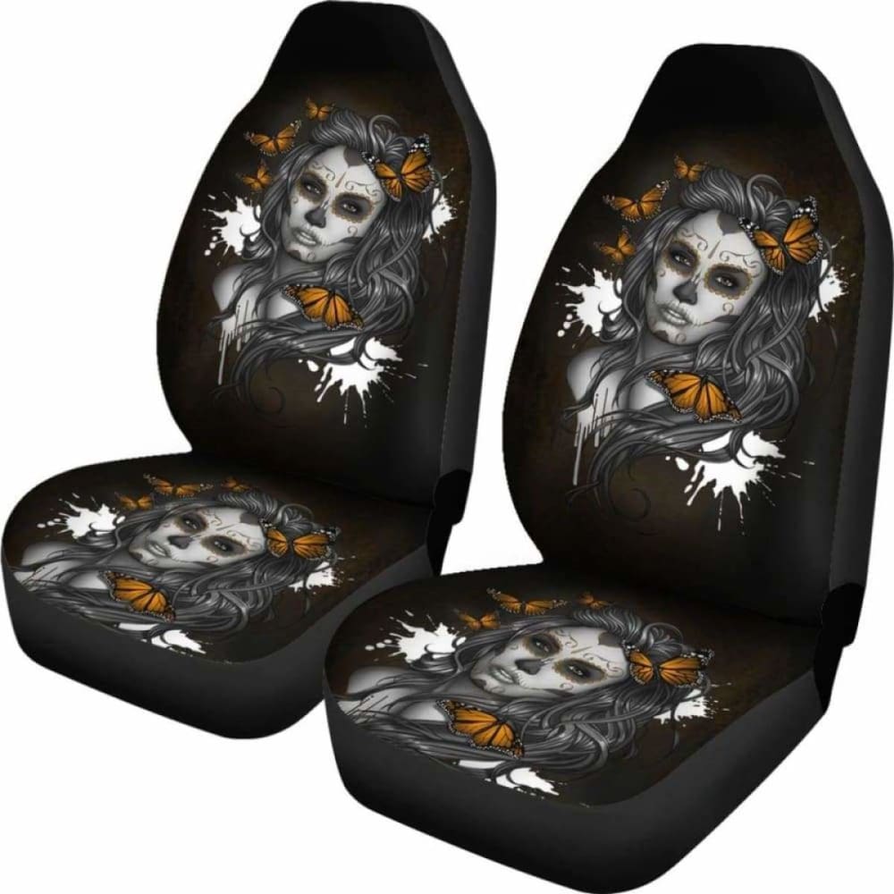 Set Of 2 - Beauty Girl Sugar Skull Seat Cover 101207