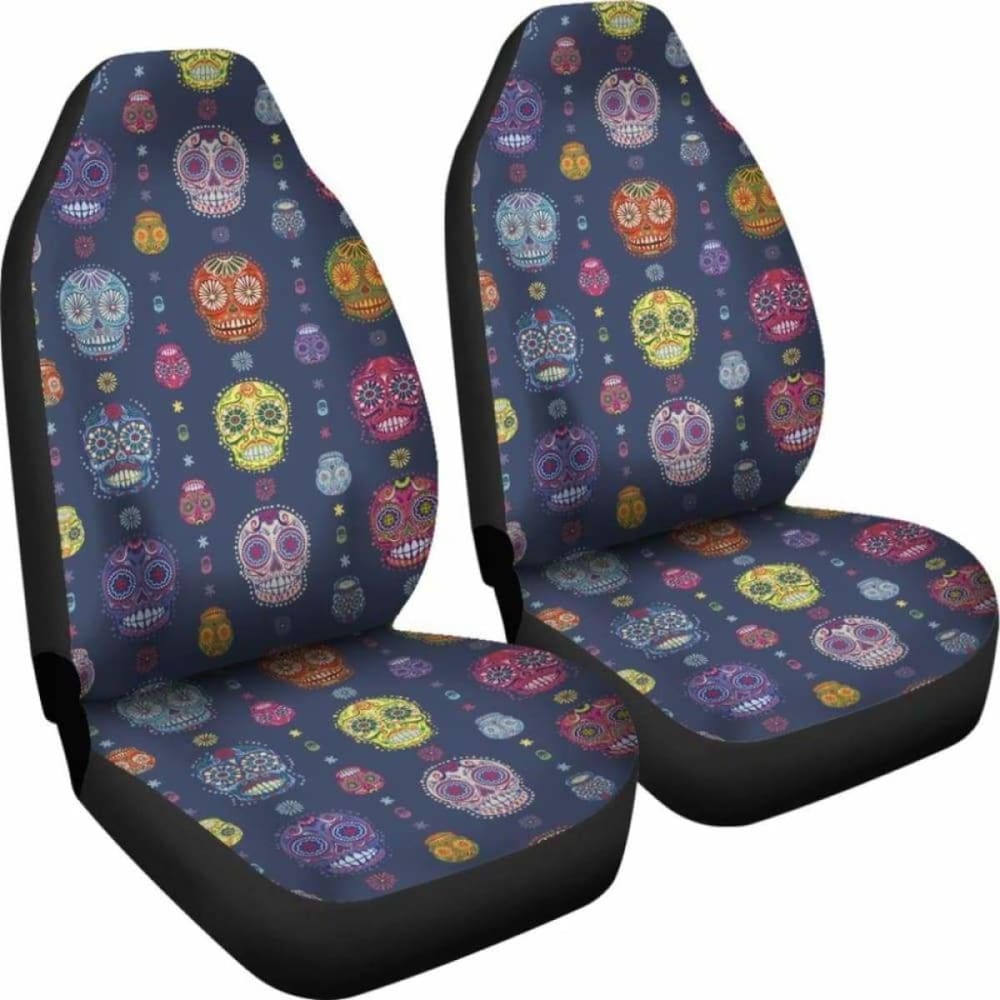 Set Of 2 Colorful Sugar Skull Car Seat Covers 101207