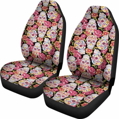 Set Of 2 Colorful Sugar Skull Car Seat Covers 101207