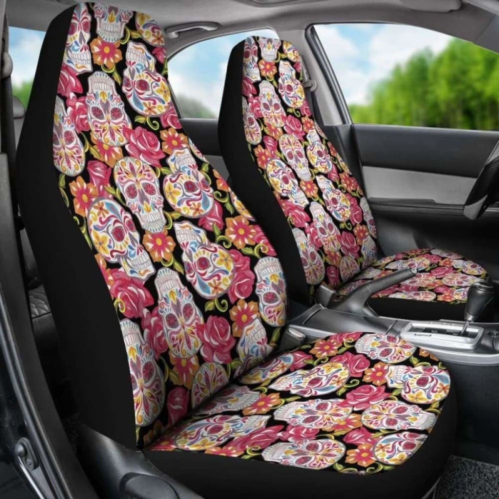 Set Of 2 Colorful Sugar Skull Car Seat Covers 101207