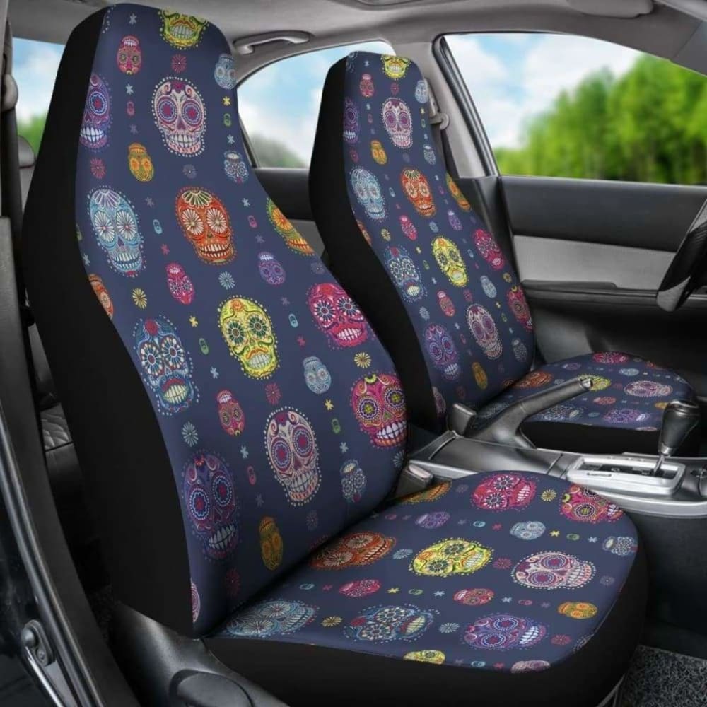 Set Of 2 Colorful Sugar Skull Car Seat Covers 101207