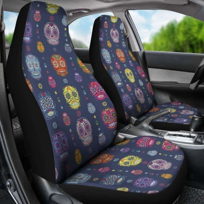 Set Of 2 Colorful Sugar Skull Car Seat Covers 101207
