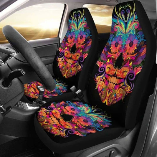 Set Of 2 Colorful Sugar Skull Car Seat Covers 101207