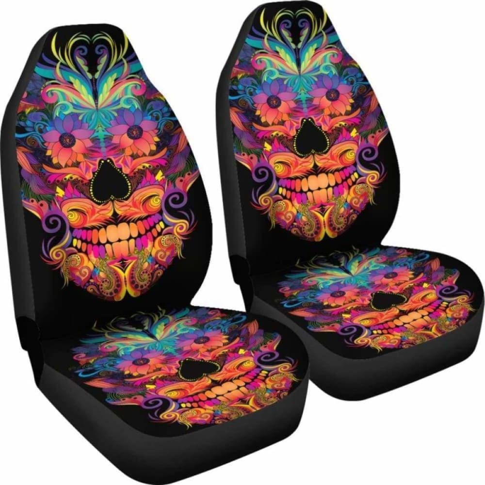 Set Of 2 Colorful Sugar Skull Car Seat Covers 101207